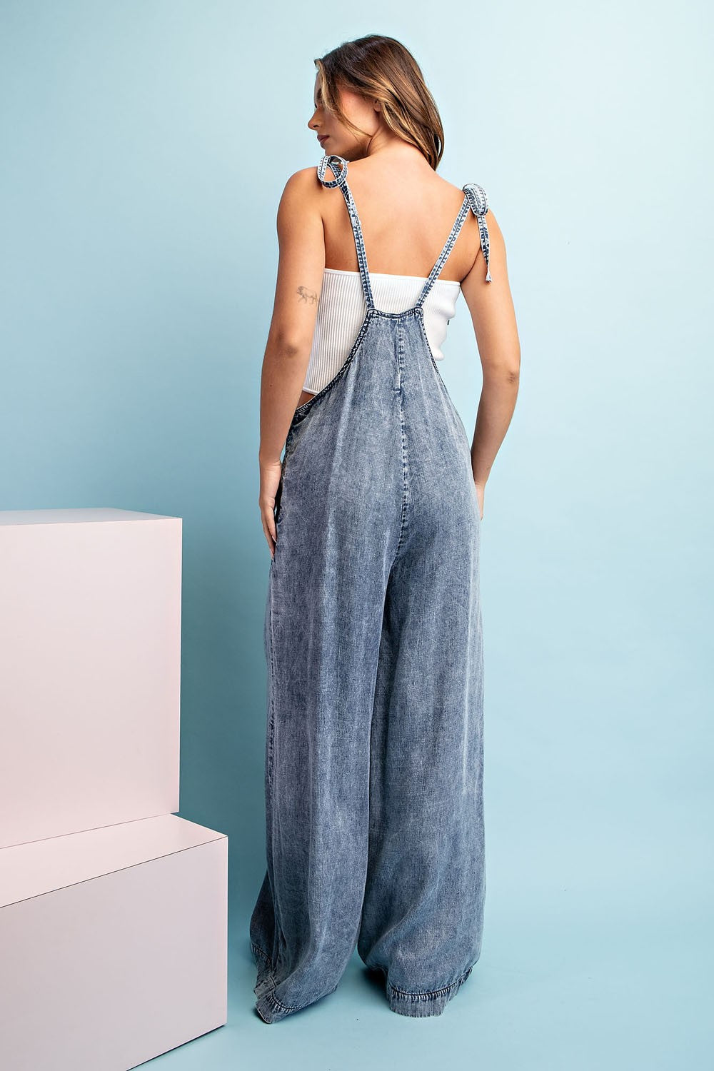 Denim Acid Washed Overalls with Tied Straps