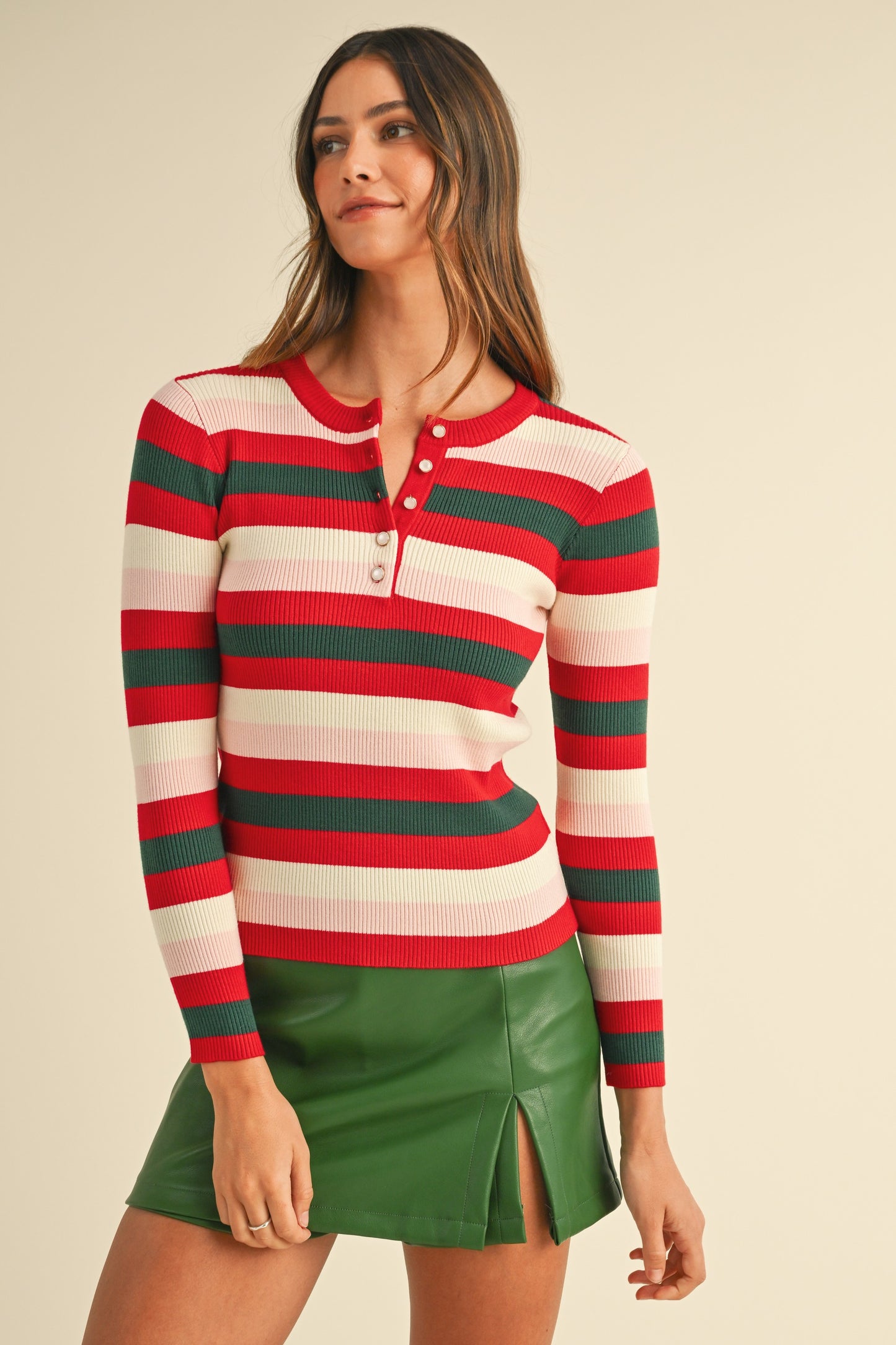 Festive Multicolor Striped Rib Knit Henley