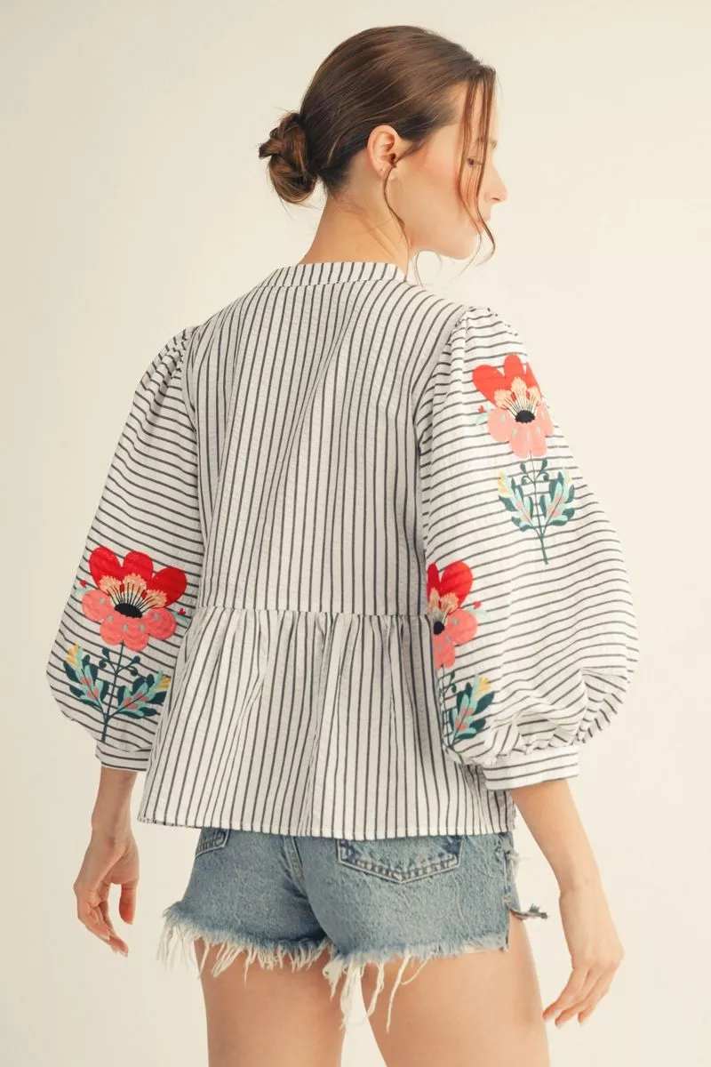 Off-White Striped Long Sleeve Babydoll Blouse w/ Floral Details