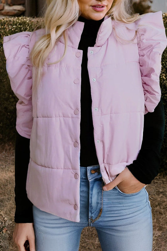 Light Pink Flutter Sleeve Snap Button Puffer Vest