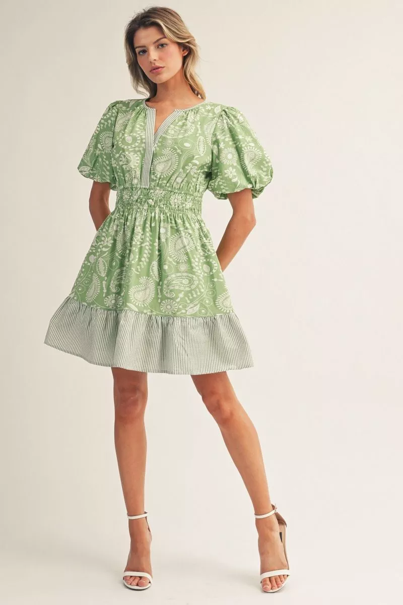 Green Floral Pattern Short Puff Sleeve Mini Dress