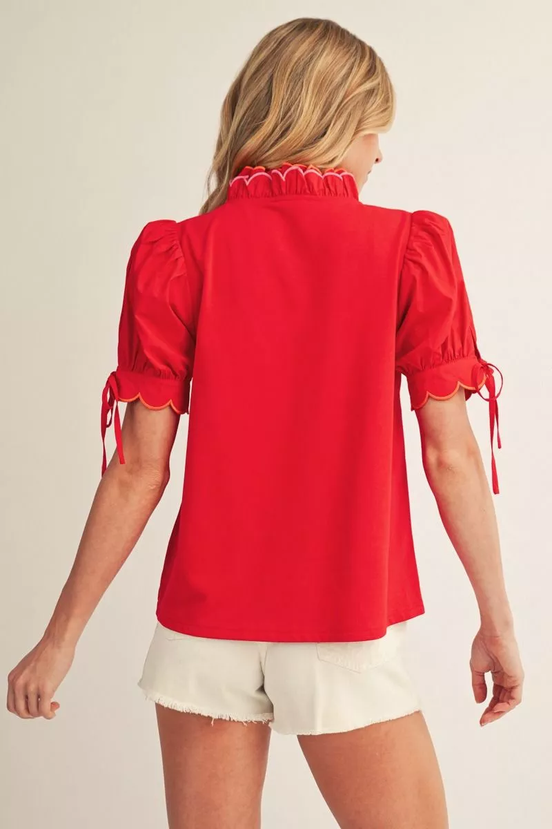 Orange/Pink Scallop Edge Short Sleeve Blouse