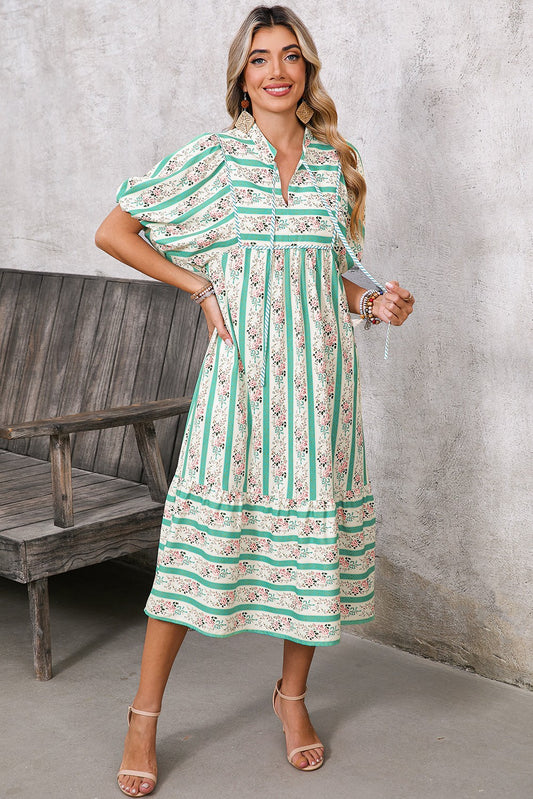 Green Floral Boho Tie V-Neck Midi Dress