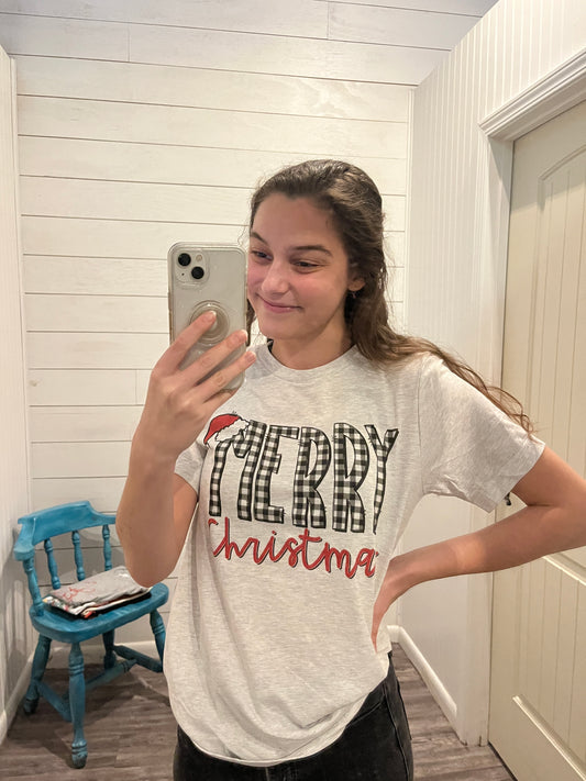 Ash Gray Plaid 'Merry Christmas' Trendy Winter Tee