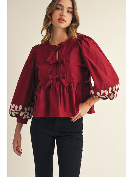 Burgundy Long Puff Sleeve, Tie Front Babydoll Blouse