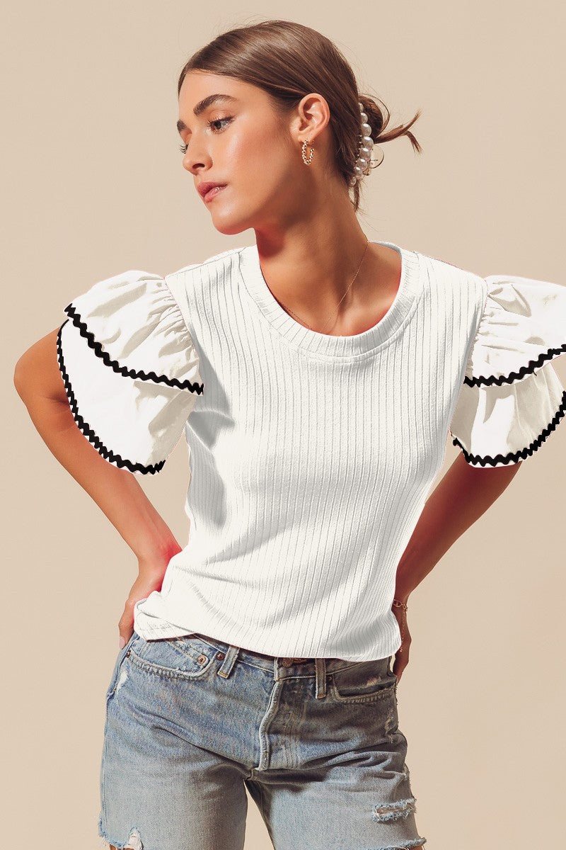 Ric Rac Trim Ruffled Sleeve Rib Knit Top