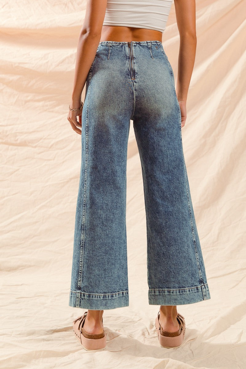 Denim Mid Rise Wide Leg Jeans w/ Back Zipper Closure