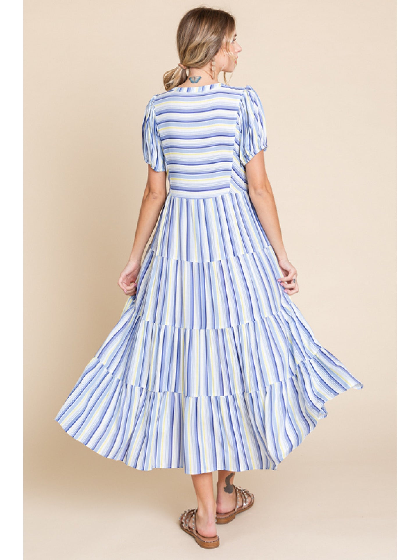 Blue Striped Puff Sleeve Midi Dress