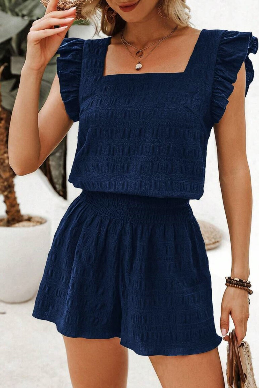 Navy Blue Square Neck Sleeveless Top & Shorts Set