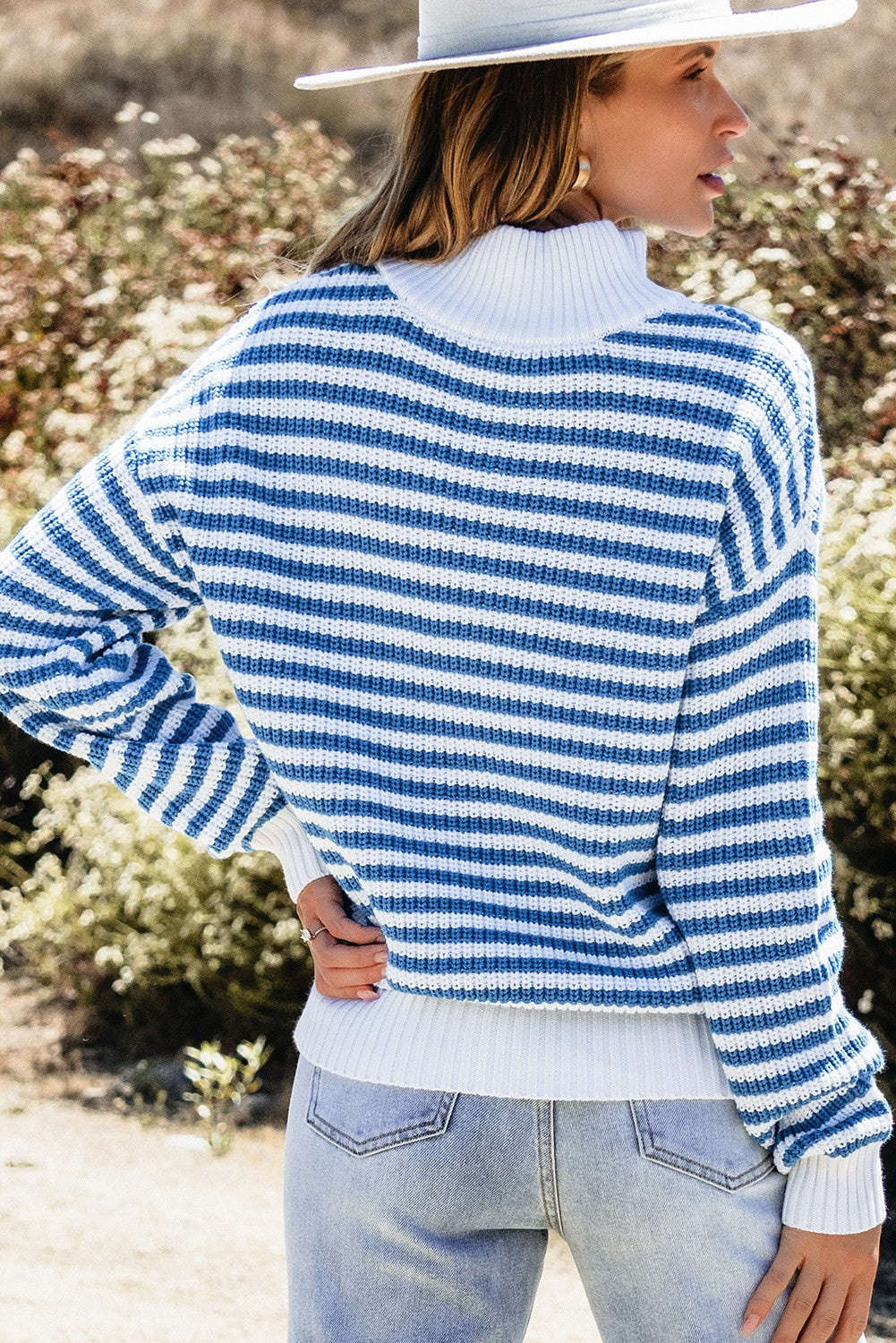 Blue Striped Zip Up Collar Sweater