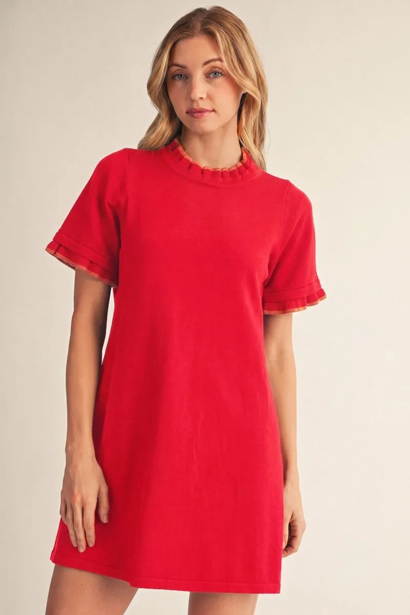 Red Short Sleeve Ribbed Sweater Dress