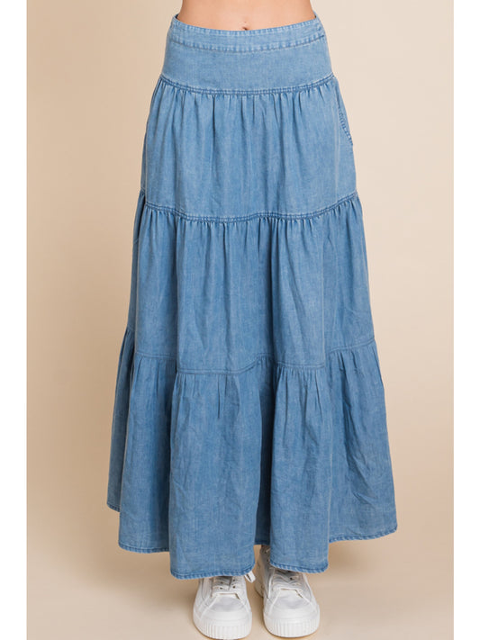 Denim Tiered Maxi Skirt w/ Pockets