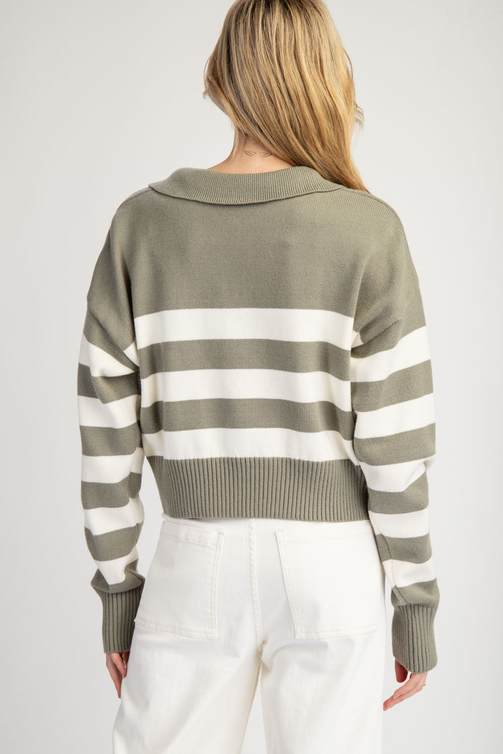 Dry Herb Striped, Open Collar Cropped Sweater