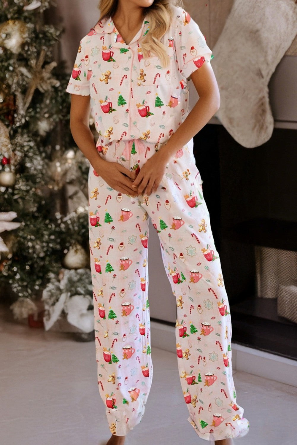Festive Printed Button Up Christmas Pajama Top + Pants Set