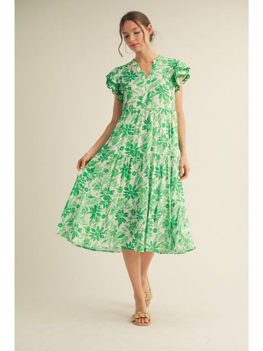 Green Floral Pattern Sleeveless Midi Dress