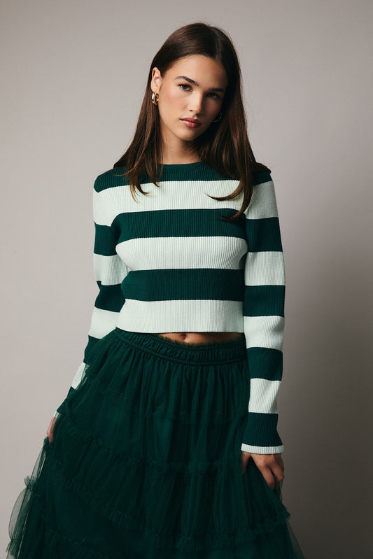 Green-Mint Striped Round Neck, Rib Knit Long Sleeve
