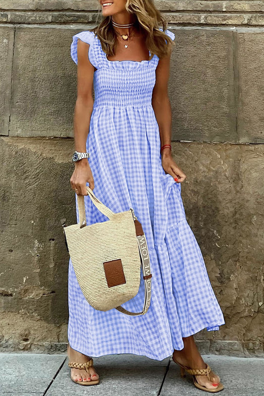 Blue Gingham Smocked Sleeveless Maxi Dress