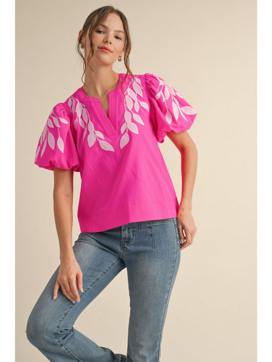 Hot Pink Embroidered Puff Sleeve Blouse