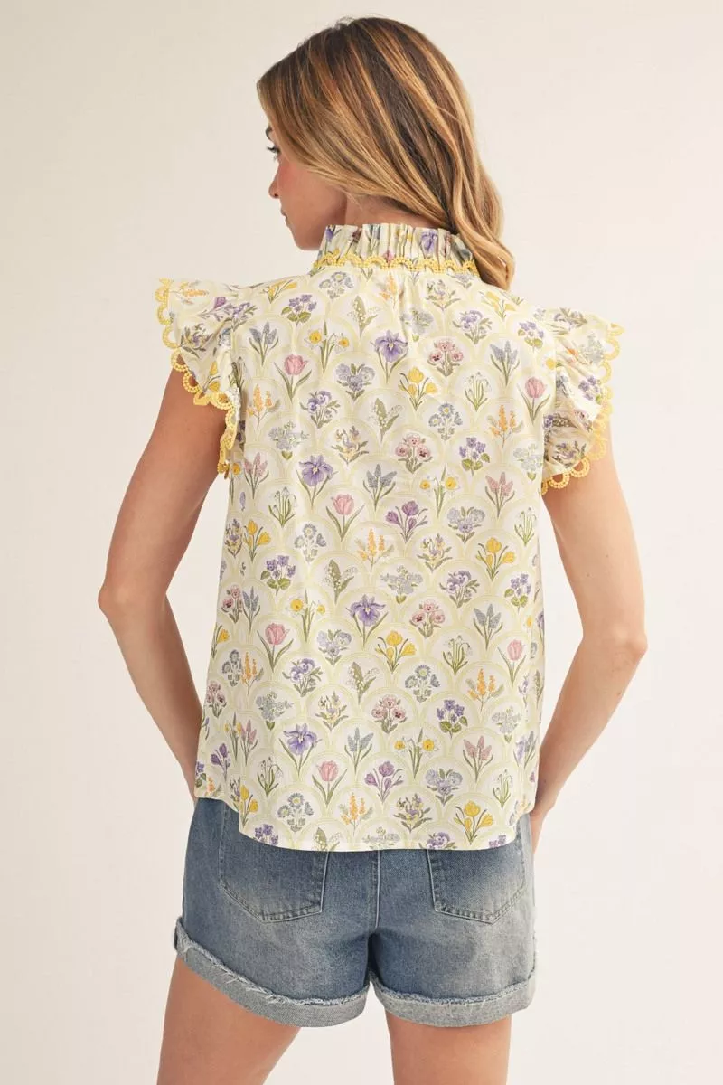 Yellow Floral Sleeveless V-Neck Blouse
