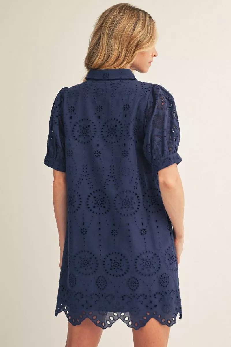 Navy Eyelet Short Sleeve Collared Mini Dress