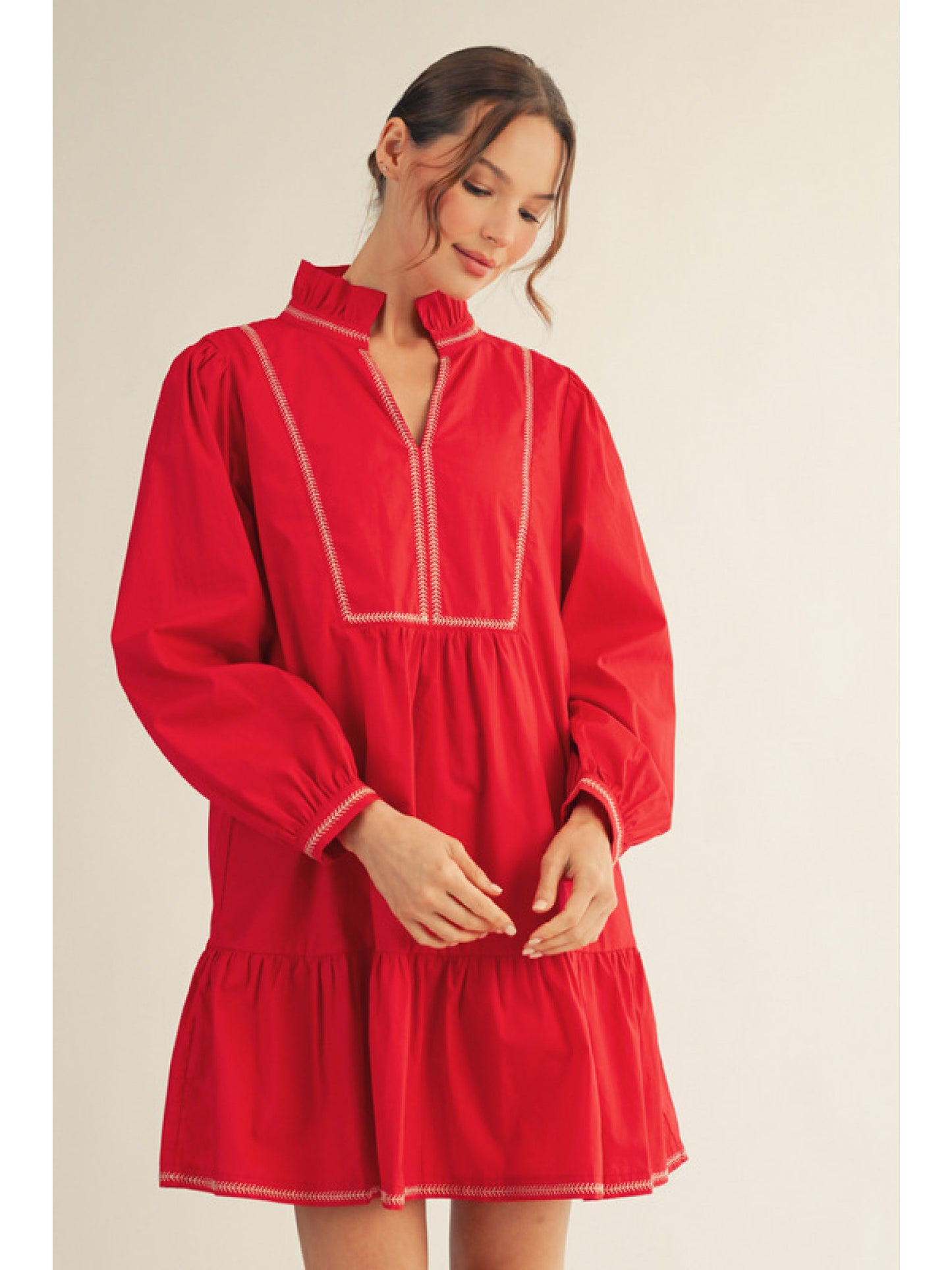 Red Embroidered Long Sleeve Babydoll Mini Dress