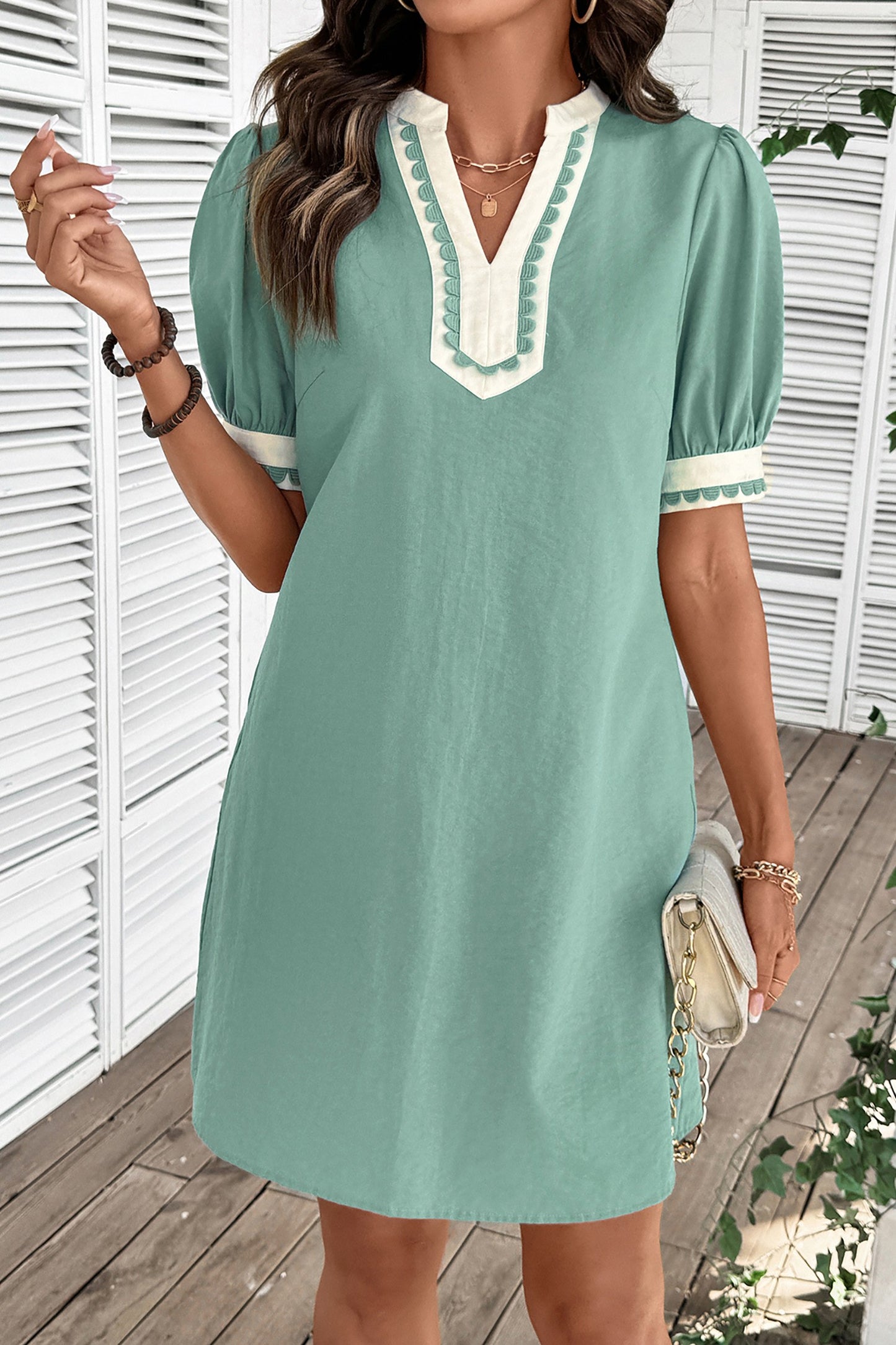 Green Scallop Trim Short Puff Sleeve Mini Dress