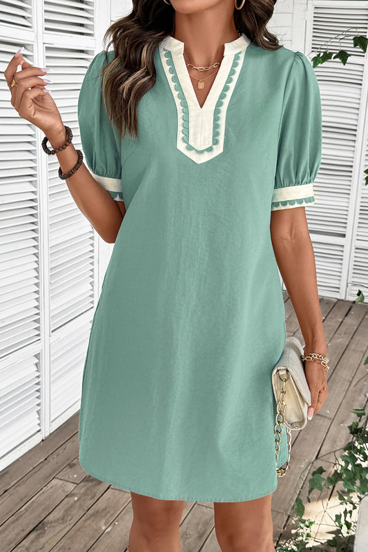 Green Scallop Trim Short Puff Sleeve Mini Dress