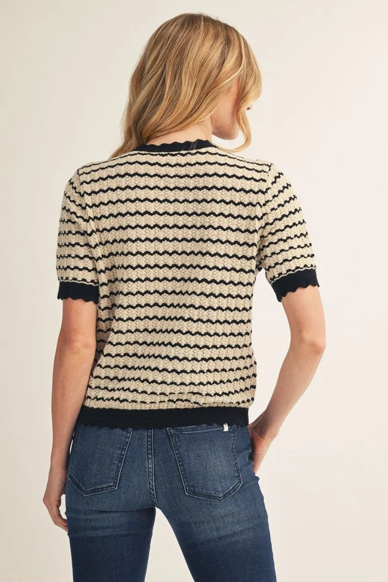Black/Taupe Striped Light Knit Short Sleeve Top