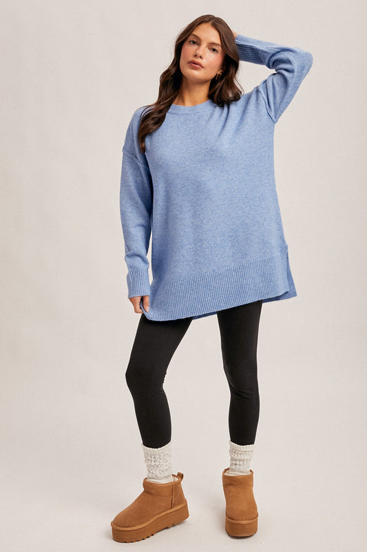 Crew Neck Slit Hem Oversized Tunic Sweater