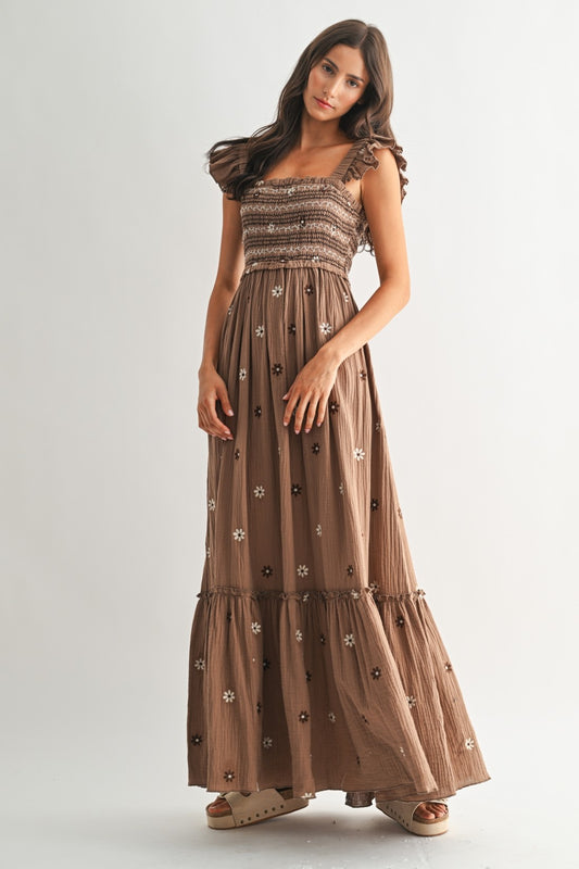 Brown Floral Embroidered Sleeveless Maxi Dress w/ Smocked Top