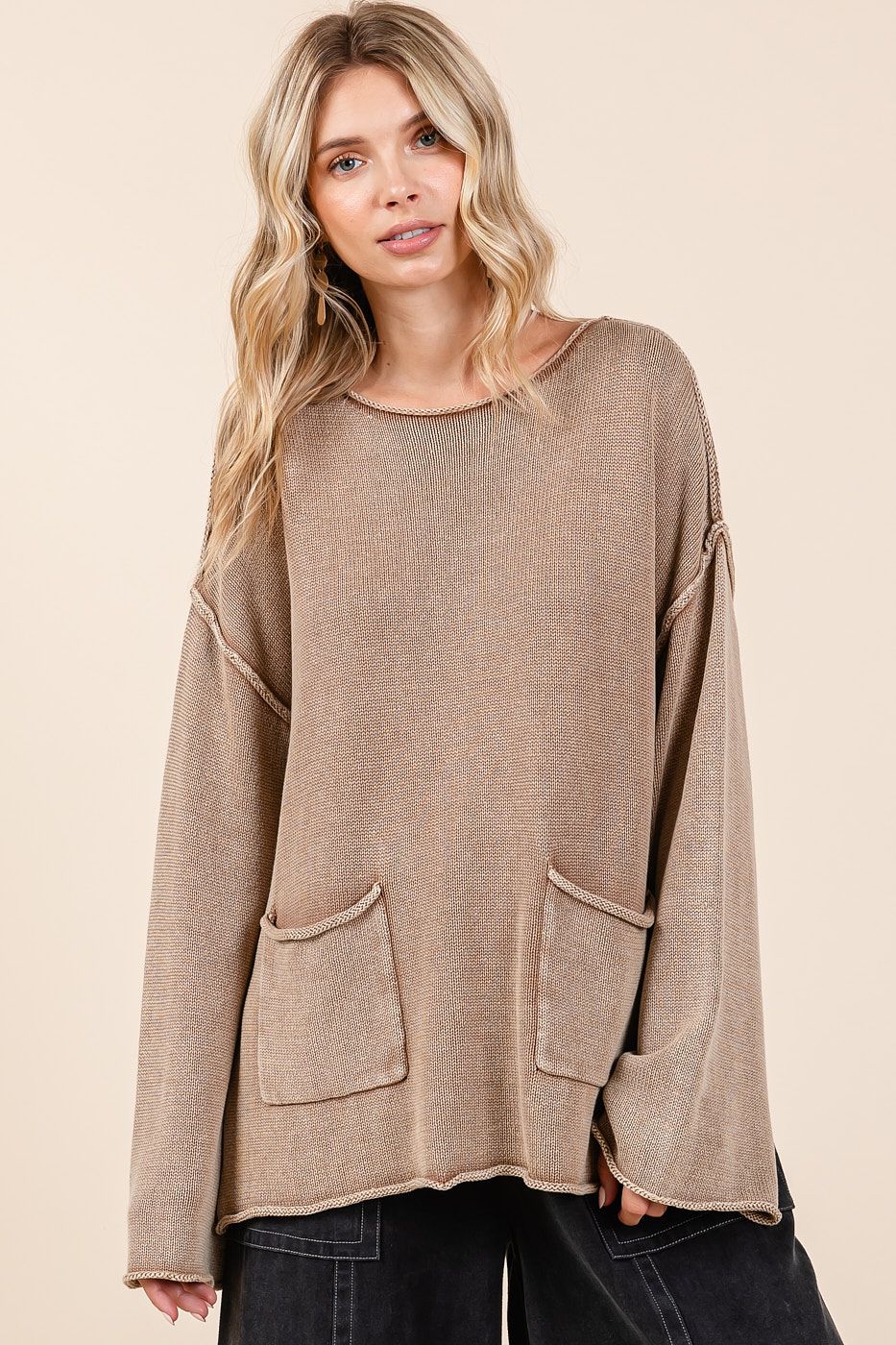 Latte Drop Shoulder Mineral Wash Light Sweater