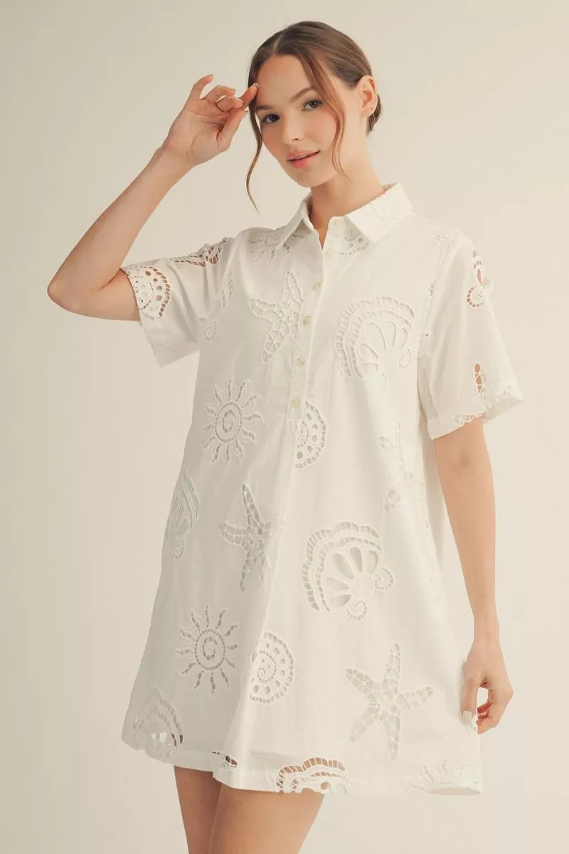 Off White Nautical Eyelet Pattern Short Sleeve Mini Dress