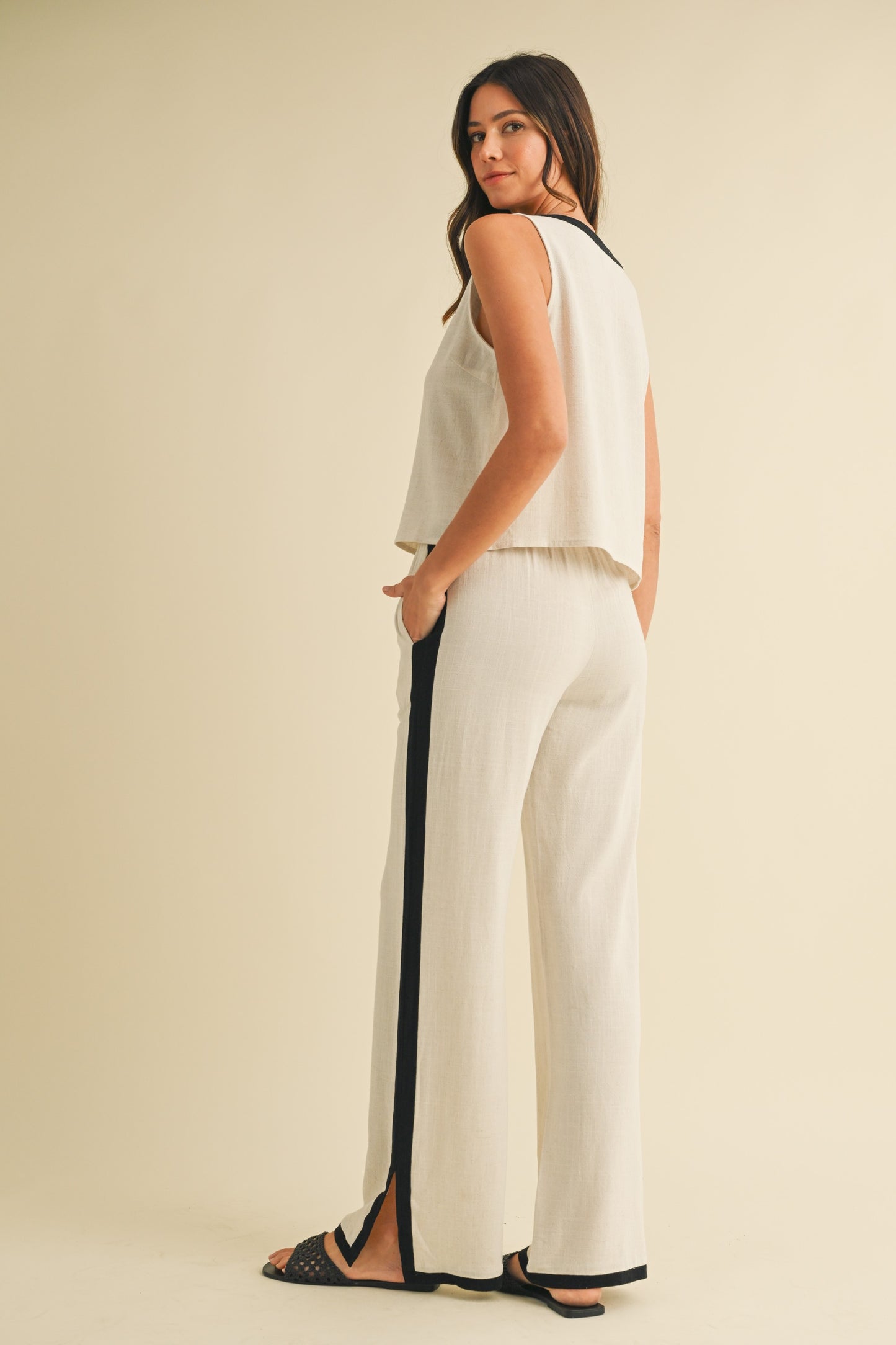 Natural/Black Linen Sleeveless Top + Pants Set