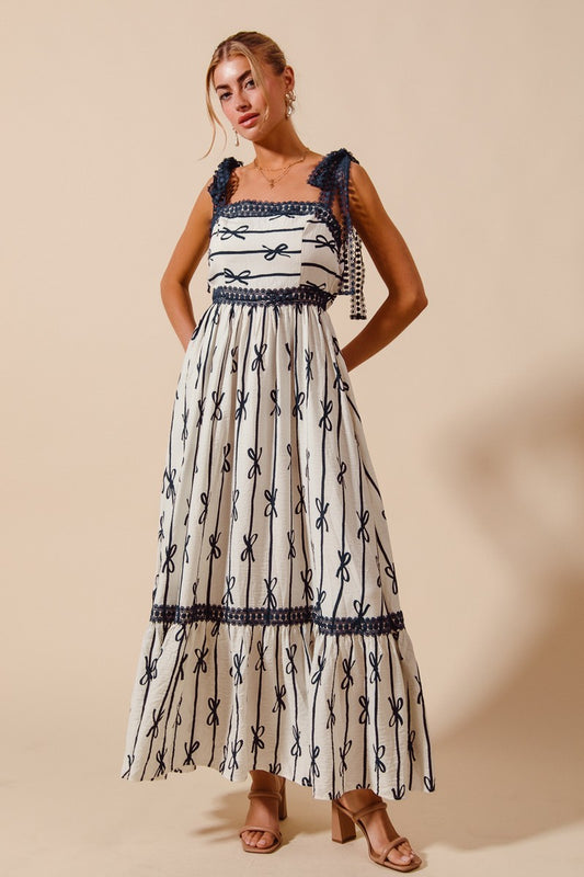 Navy/Off White Ribbon Printed Maxi Dress w/ Ribbon Tie Strap