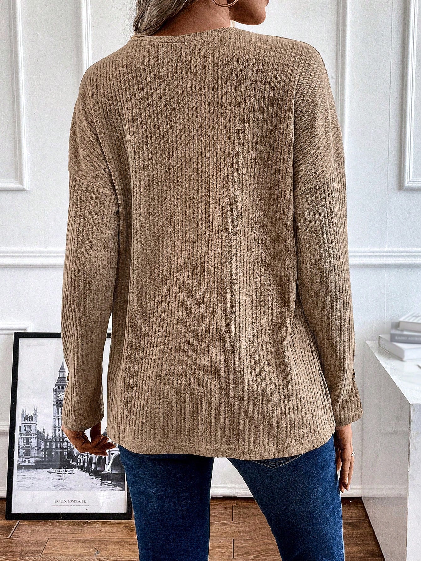 Khaki Half Button Drop Shoulder Long Sleeve