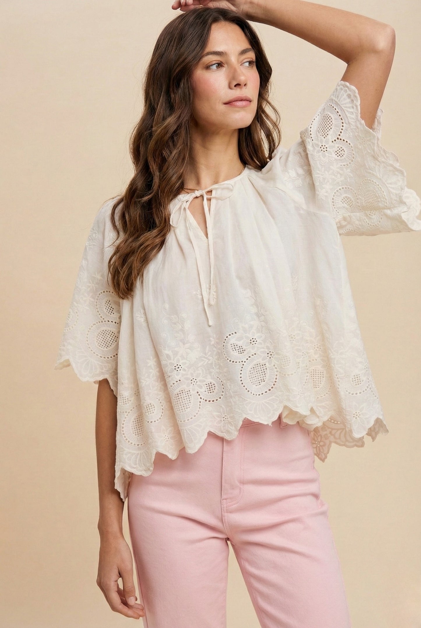 Ivory Floral Eyelet Scalloped Short Sleeve Blouse