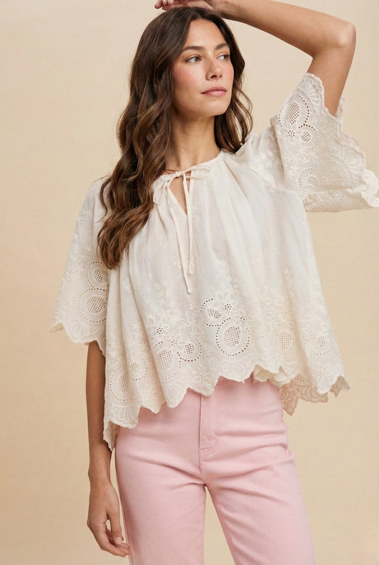 Ivory Floral Eyelet Scalloped Short Sleeve Blouse