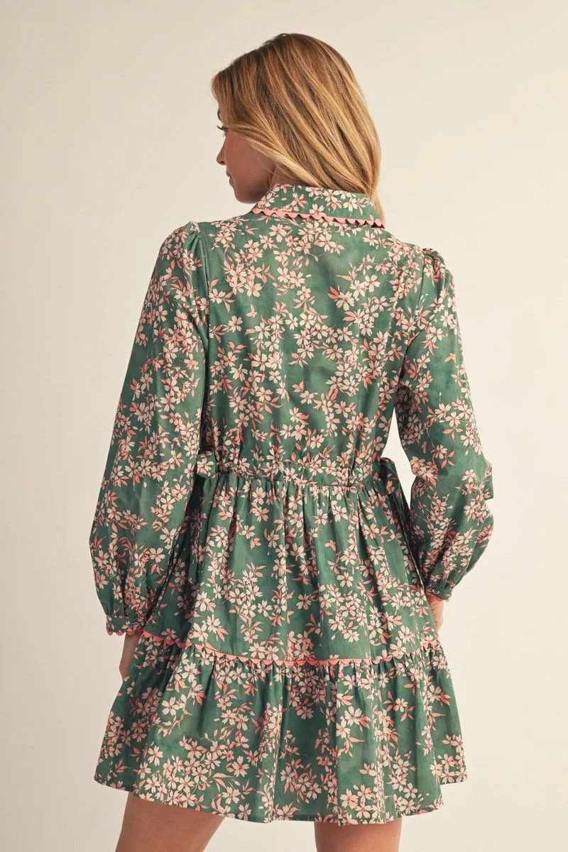 Pine Green Floral Long Sleeve, Collared Mini Dress