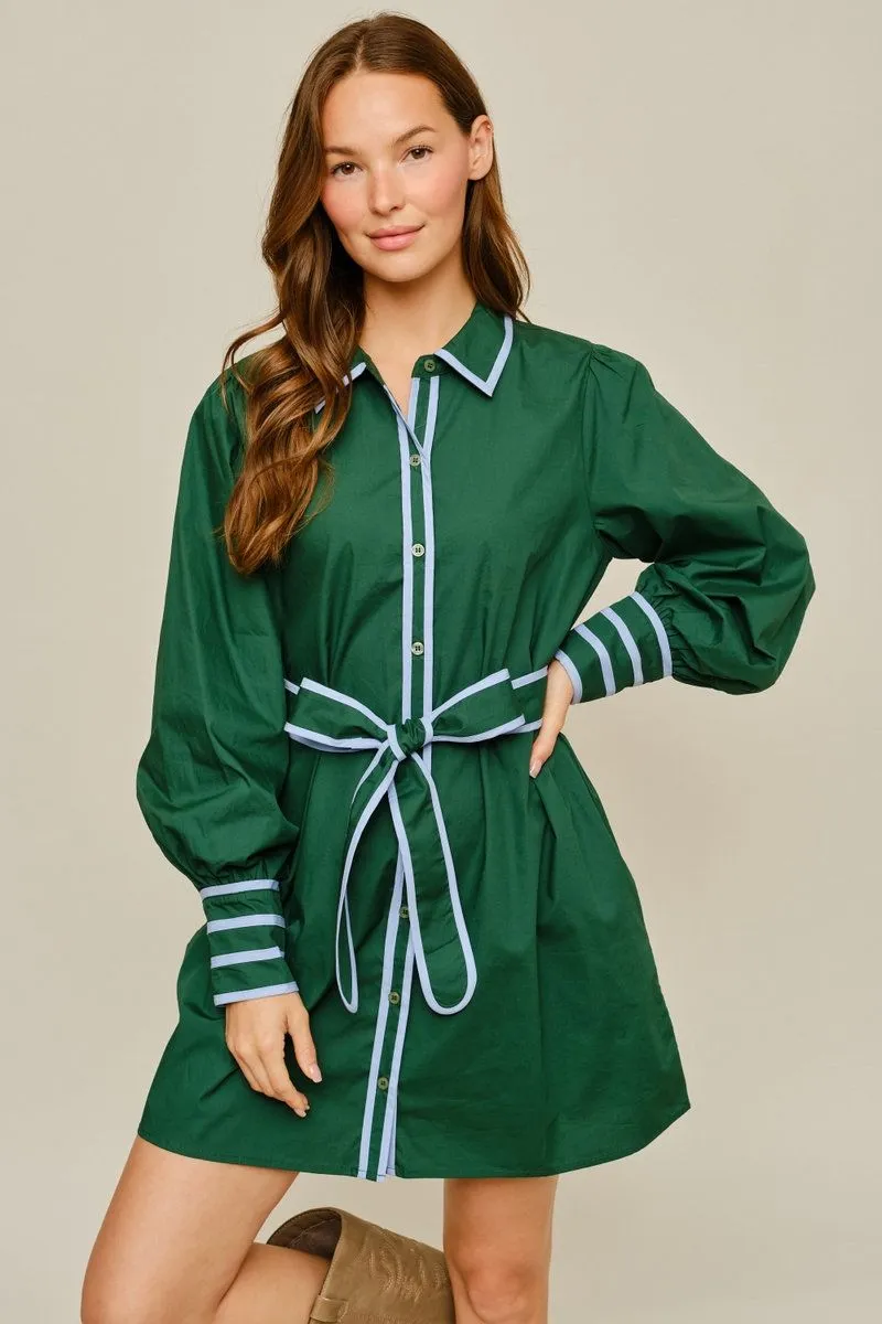 Hunter Green Collared Long Sleeve Mini Shirt Dress