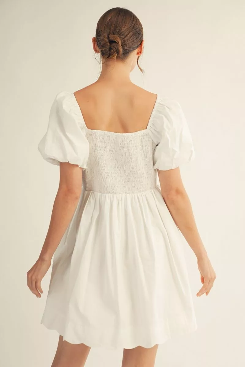 Off White Scalloped Trim Puff Sleeve Mini Dress