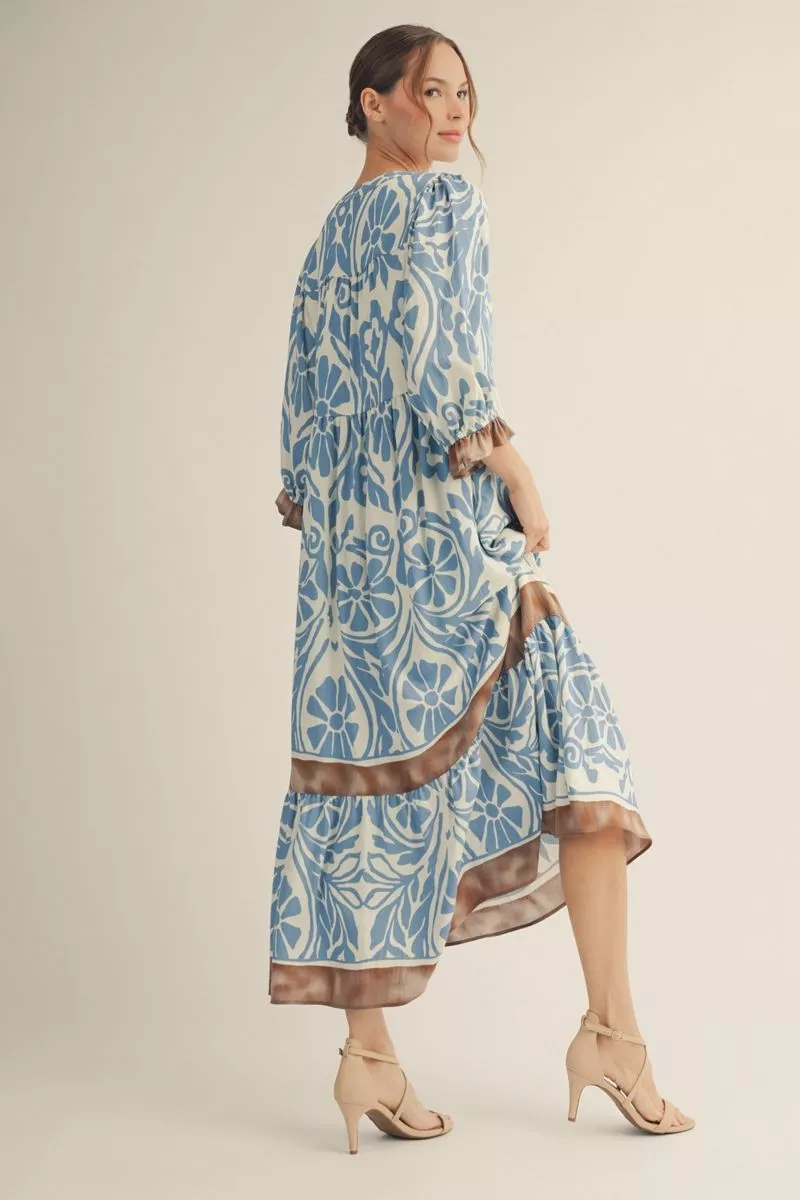 Sky Blue 3/4 Sleeve Patterned Maxi Dress