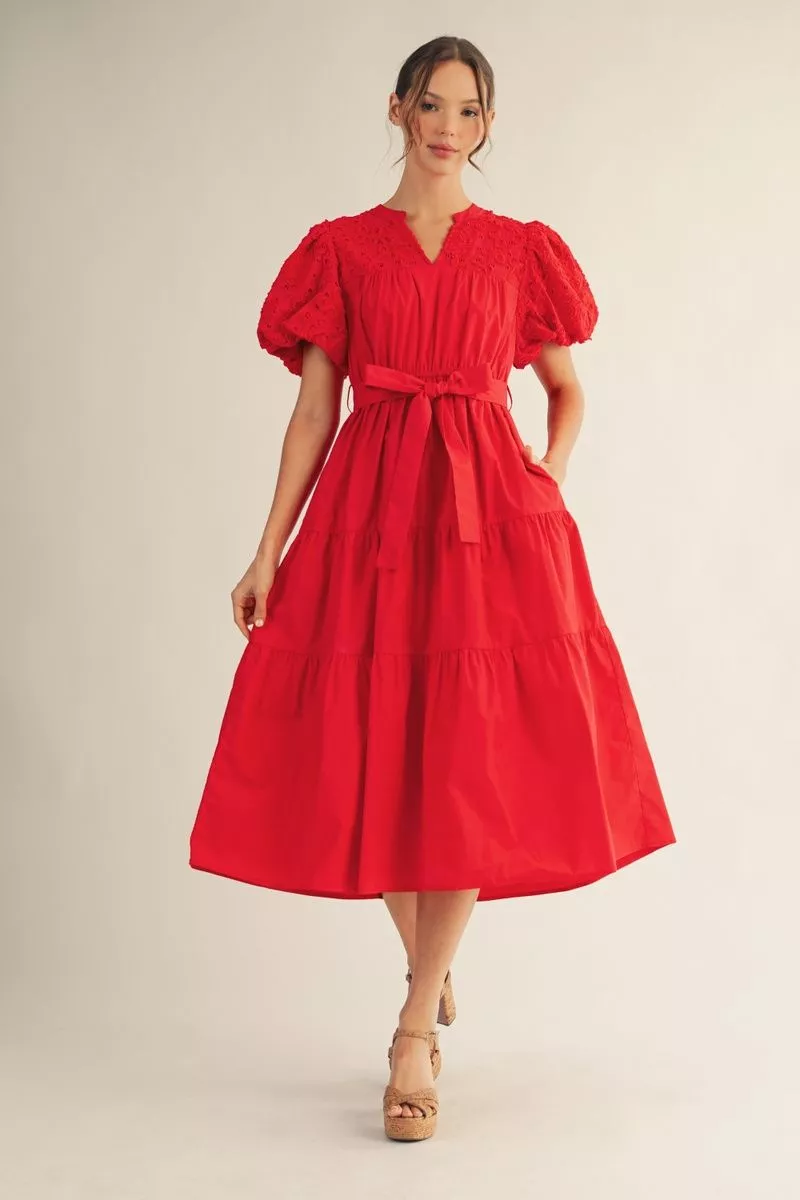 Red Short Puff Sleeve Maxi Dress w/ Eyelet Detail