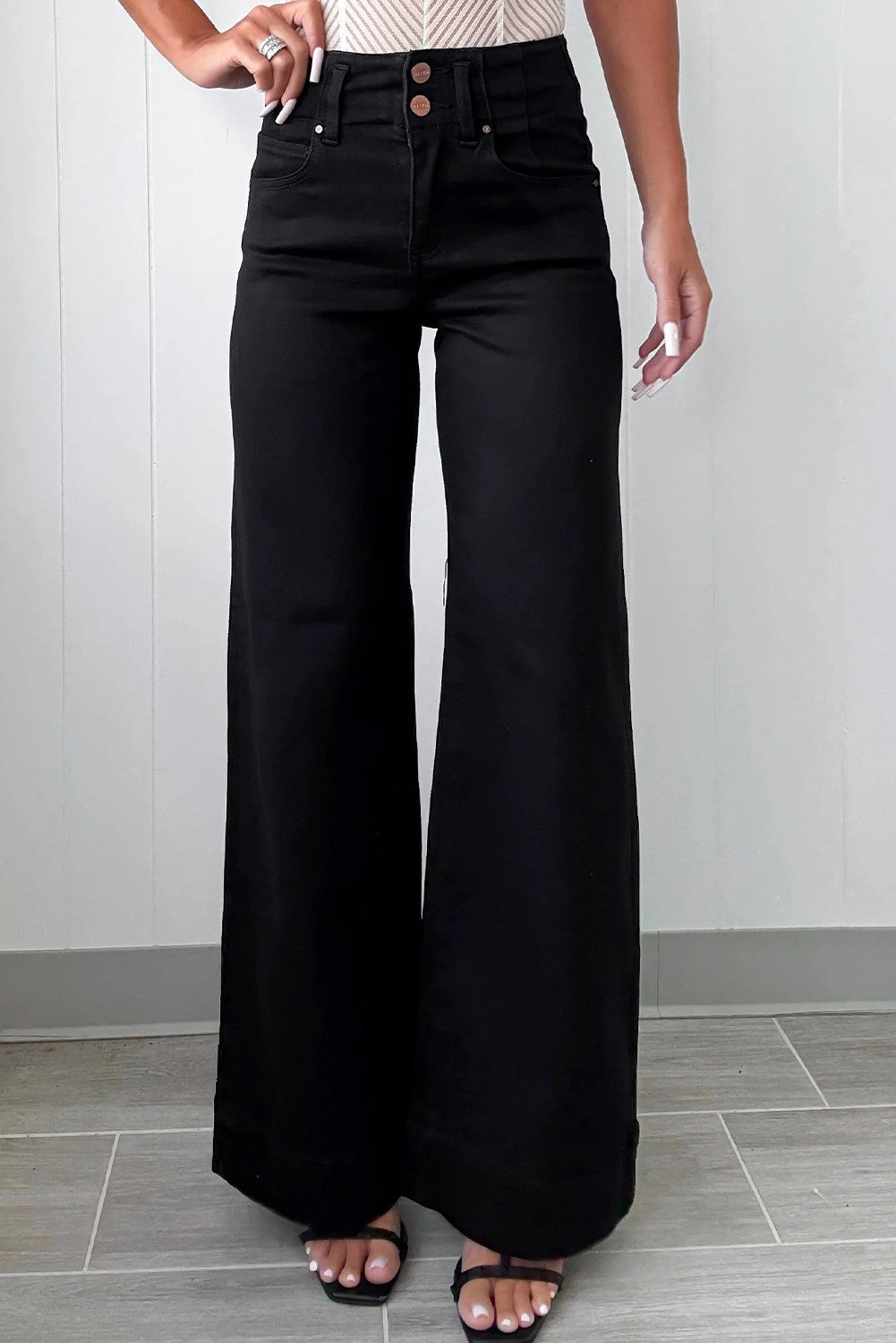 Black Two Button High Waisted Flare Jeans