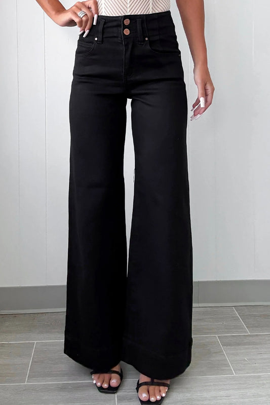 Black Two Button High Waisted Flare Jeans
