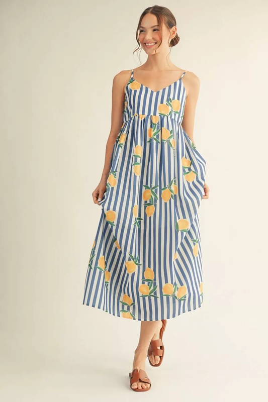 Blue Striped Lemon Print Sleeveless Midi Dress