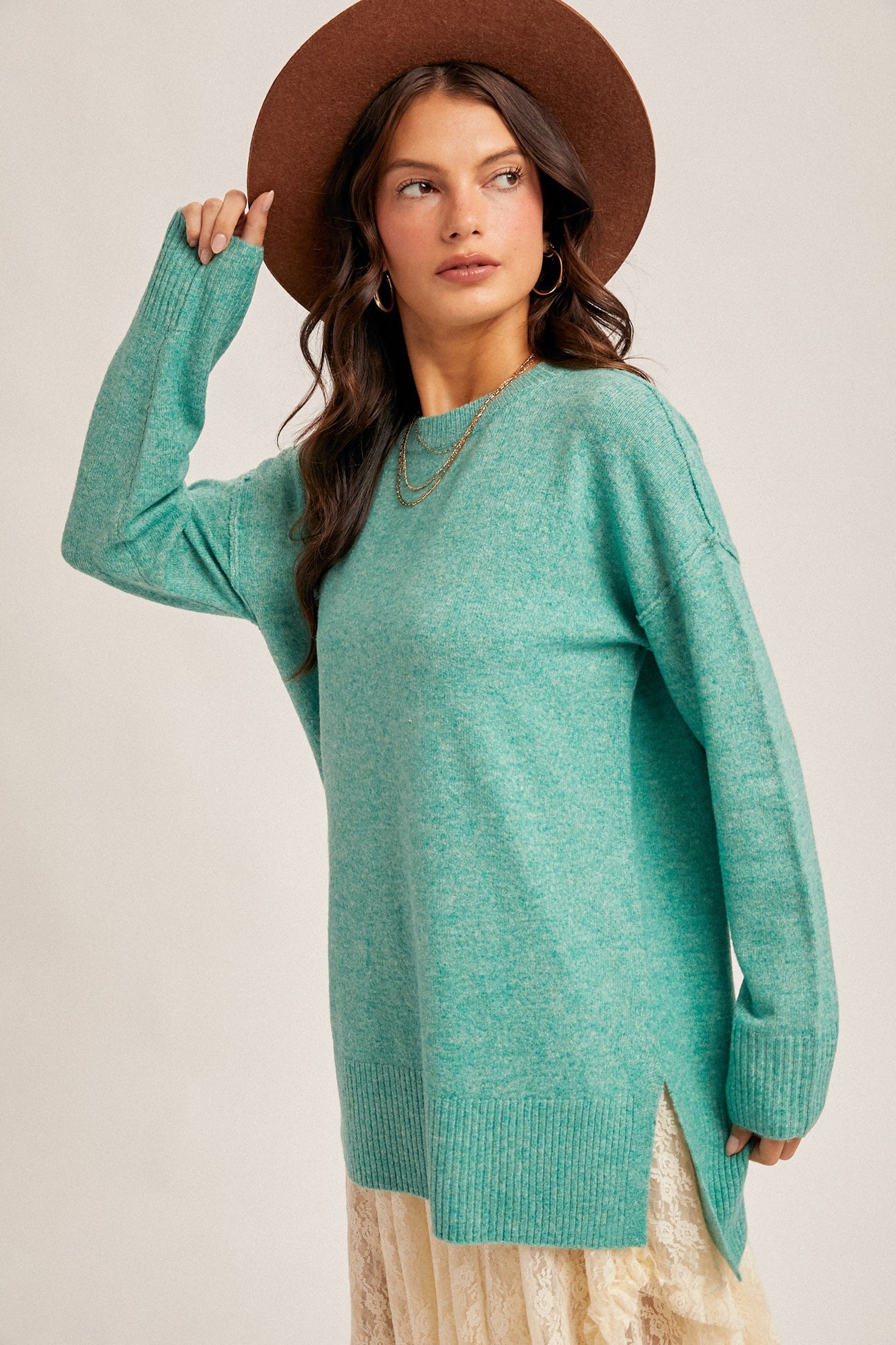 Crew Neck Slit Hem Oversized Tunic Sweater