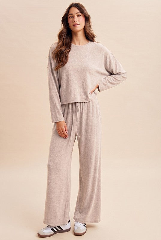 Oatmeal Soft Brushed Knit Top & Drawstring Pants Set
