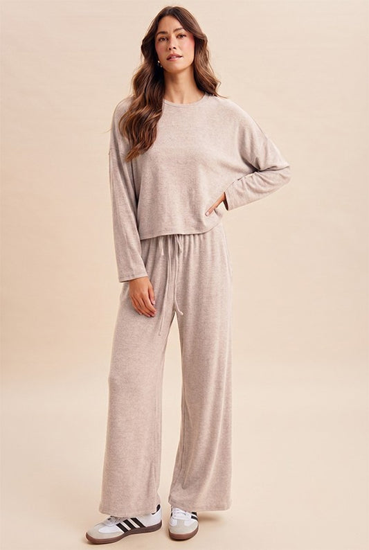Oatmeal Soft Brushed Knit Top & Drawstring Pants Set
