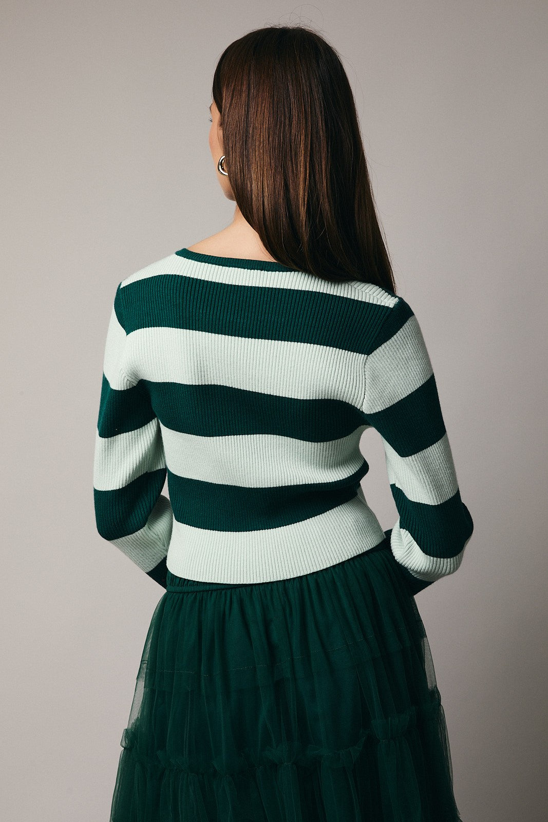 Green-Mint Striped Round Neck, Rib Knit Long Sleeve