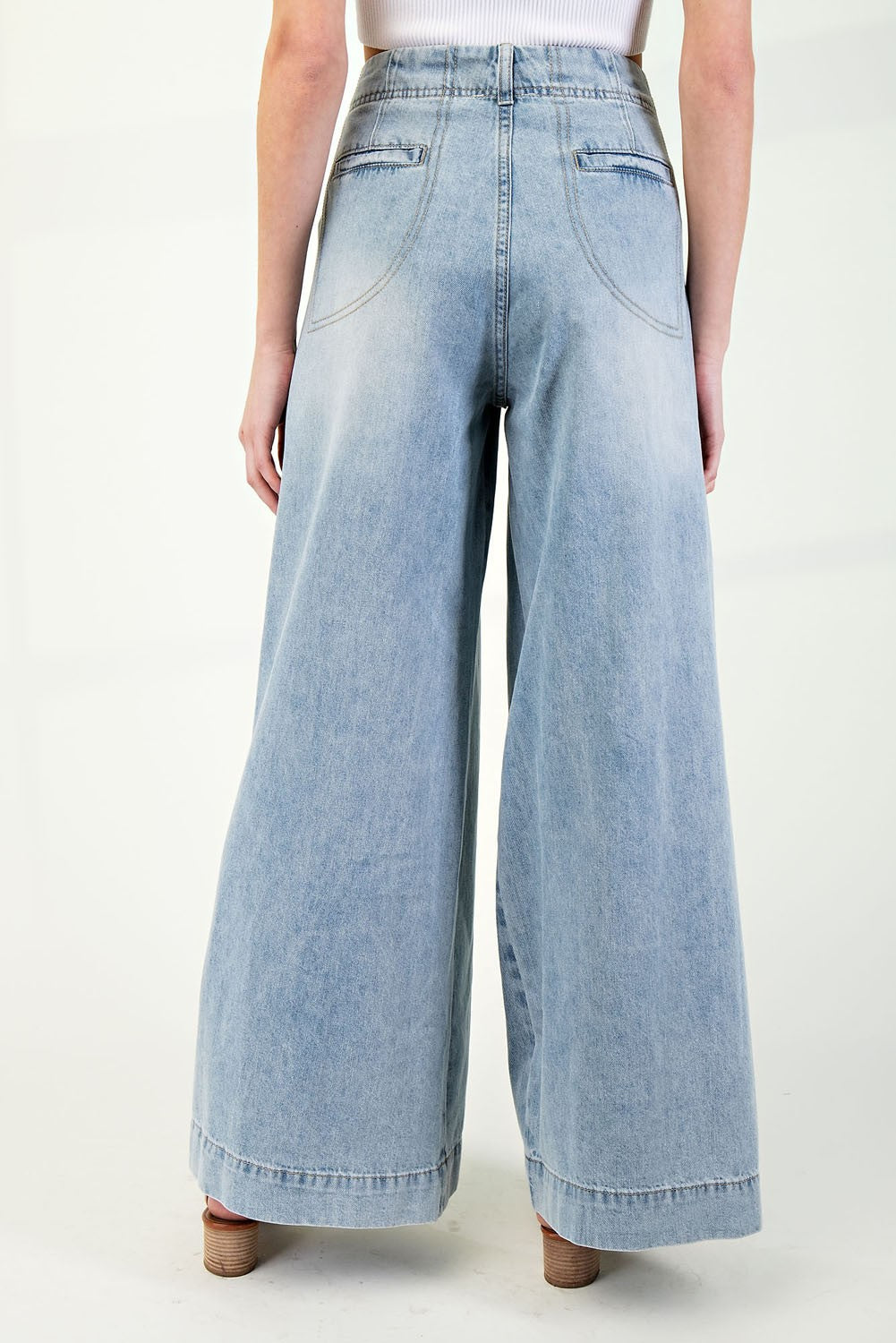 Denim Pleated Waist Wide Leg Pants